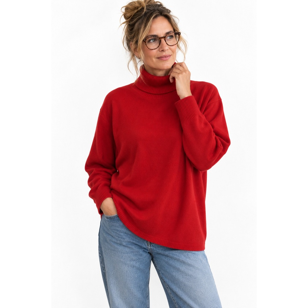 Prague 100% Cashmere Turtleneck Sweater Women's L Red Oversized Tunic